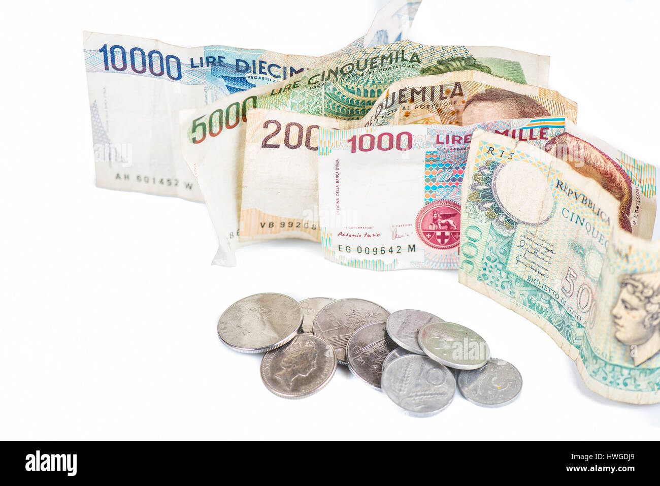 Banconote da Italia. Lira italiana e monete metalliche 10000, 5000, 2000, 1000. 100. 50. 20. 10. Foto Stock