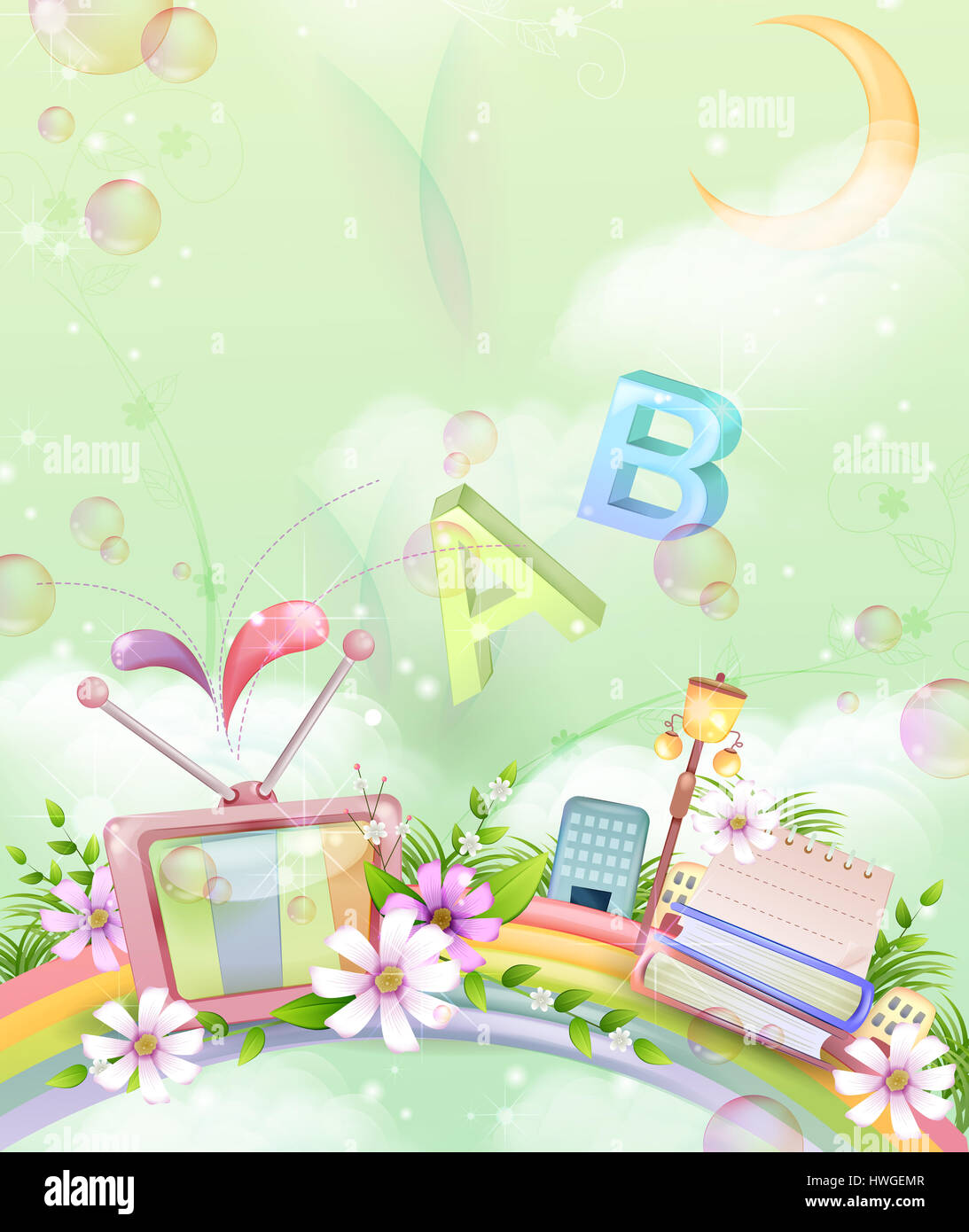 L'istruzione,knowledge,elementi,oggetto,facility,calcolatrice,libri,prenota,pila,appunti,carta,street light,televisione,entertainment,tv,lettera,alfabeti, schermo,verde,colore sfondo verde,l'arte,artwork,cartoon,cgi,clip art,colorata,immagine a colori,computer grafica,creative,l'arte digitale,tecnologia digitale,luna,disegno,illustrano,immagine,l'immaginazione,fantasiose,dipinta Foto Stock