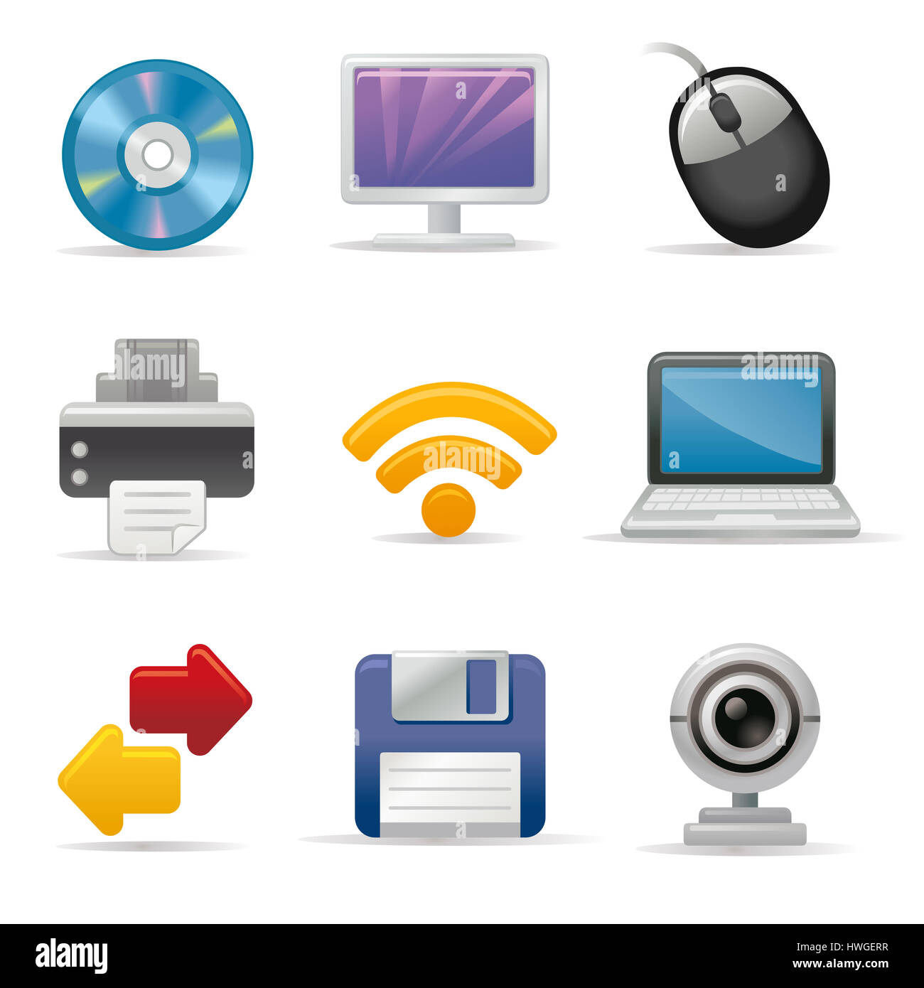 Cd,compatte CD,DVD,cd-rom,storage,sicurezza,ingresso,l'uscita,mouse,segnale,webcam,fotocamera,protezione,technology,moderno,parte di,STAMPANTE,carta,computer,notebook, schermo,display,monitor,sullo schermo del computer, floppy disk,disc,cd,disco floppy,dispositivo di storage,sfondo bianco,il simbolo,abstract,l'arte,artwork,icona computer,icona,cgi,clip Foto Stock