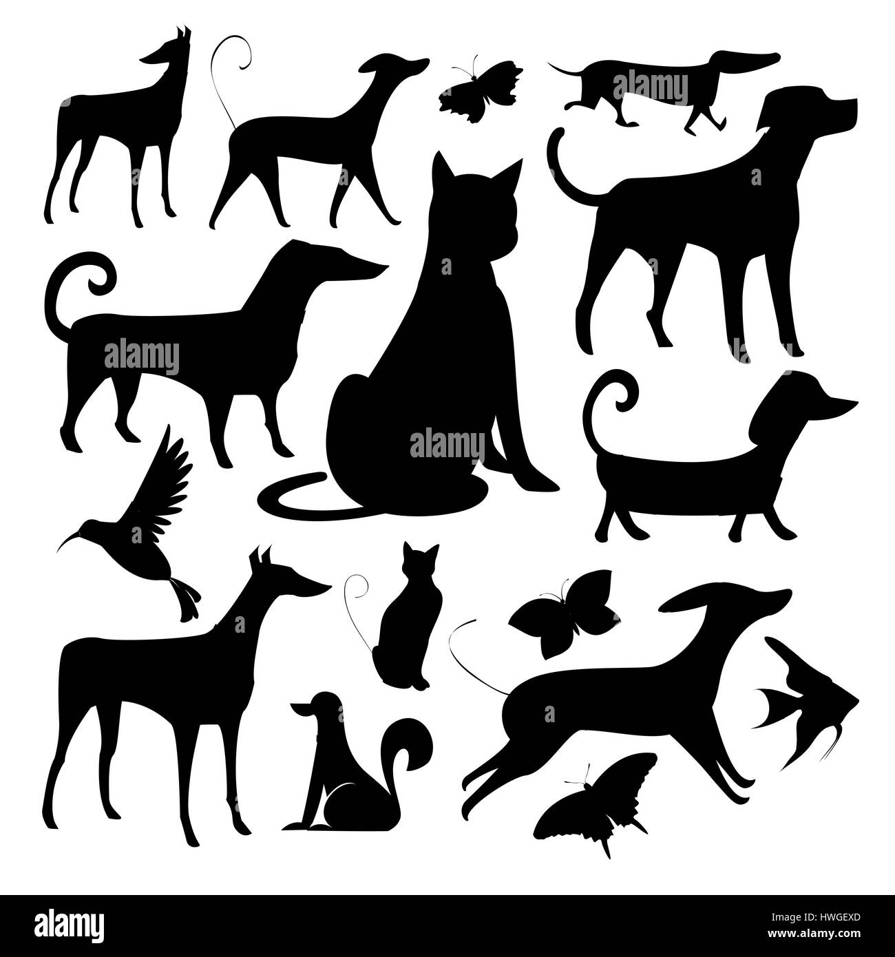 Sfondo bianco,nero e bianco,nero,sfondo,l'arte,artwork,cartoon,cgi,clip art,computer grafica,creative,l'arte digitale,tecnologia digitale,disegno,illustrano,immagine,l'immaginazione,fantasiose,immagine dipinta,Pittura,rapporto,rappresentanza,rappresentante,vettore,disegno,square,corpo,raccolta,l'elemento isolato,,long,contorno,posa,impostare,forma,silhouette,ritratto,square,bird,animale,dog,cat,tiger,animale selvatico,farfalla insetto,,pesce,acquatico nazionale, Foto Stock