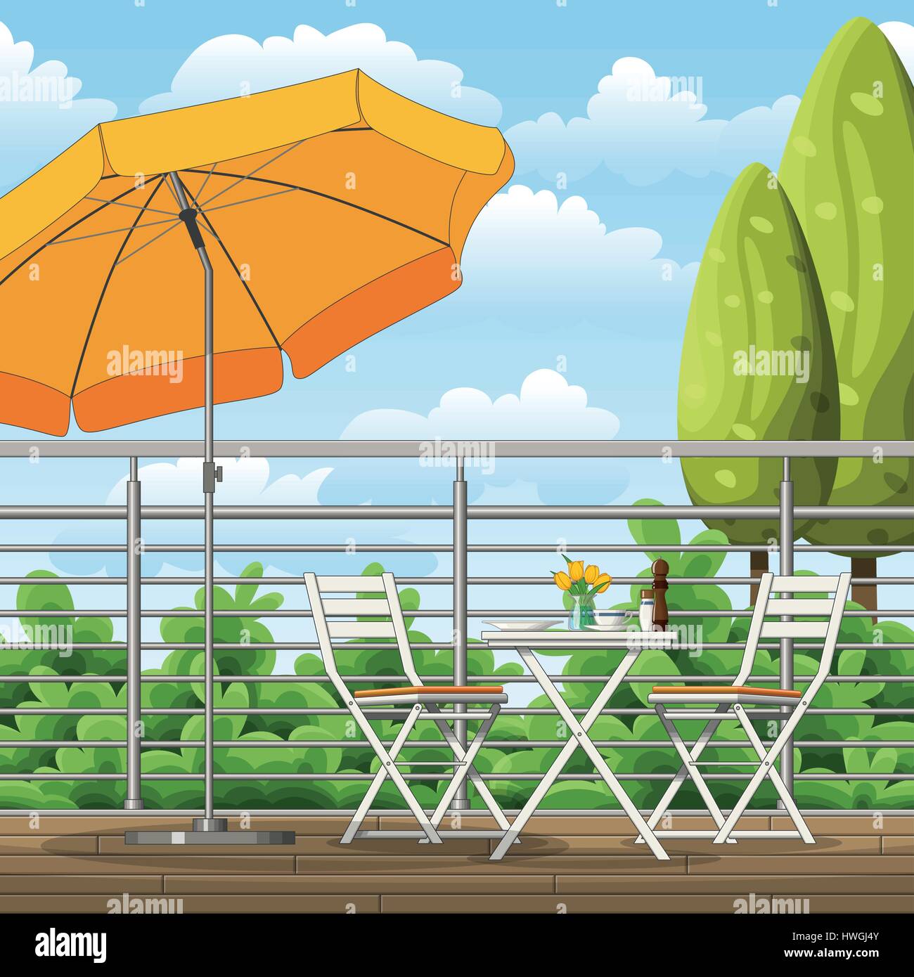 Illustrazione di un balcone, una terrazza con tavoli e sedie Illustrazione Vettoriale