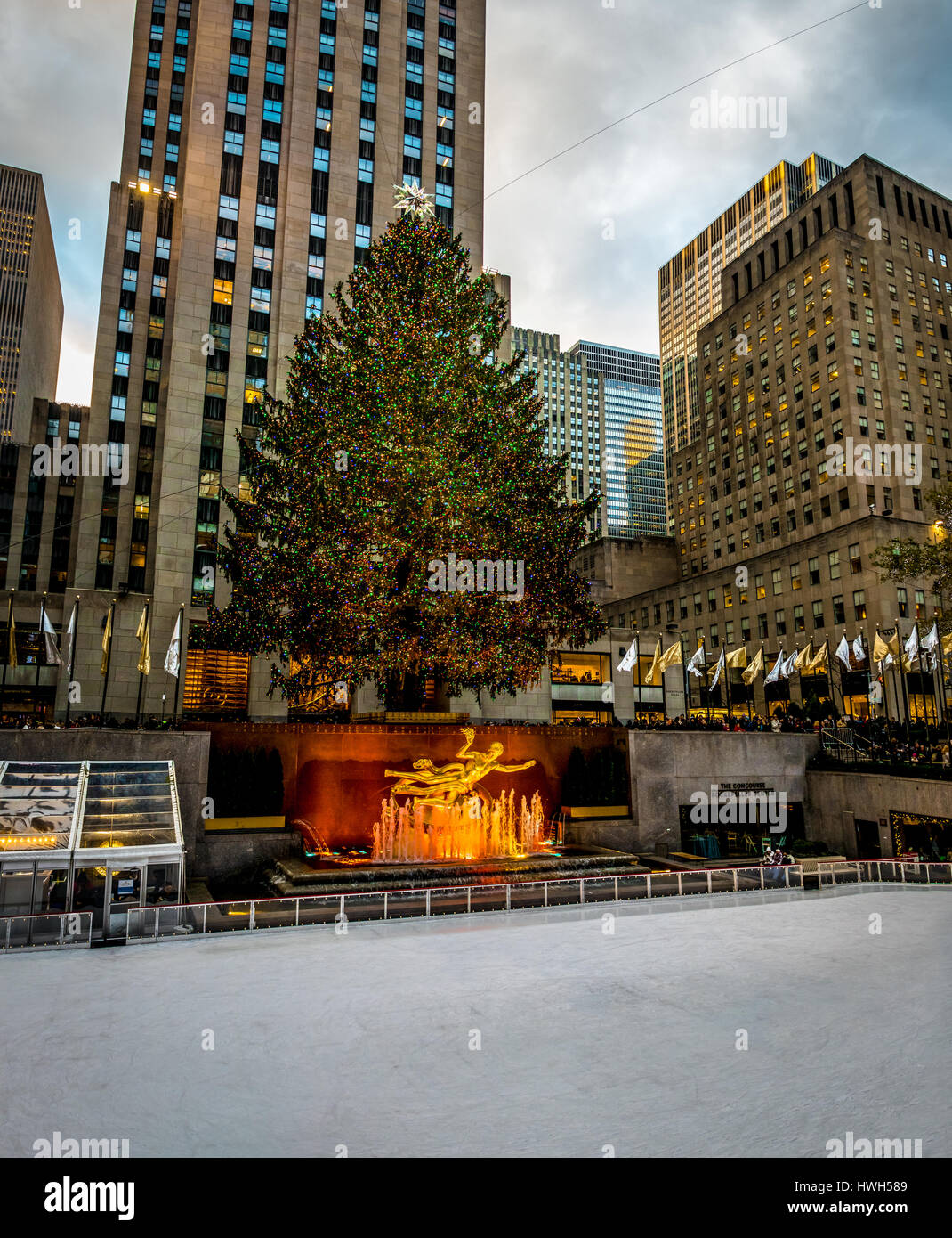 Il Rockefeller Center albero di Natale decorato - New York, Stati Uniti d'America Foto Stock