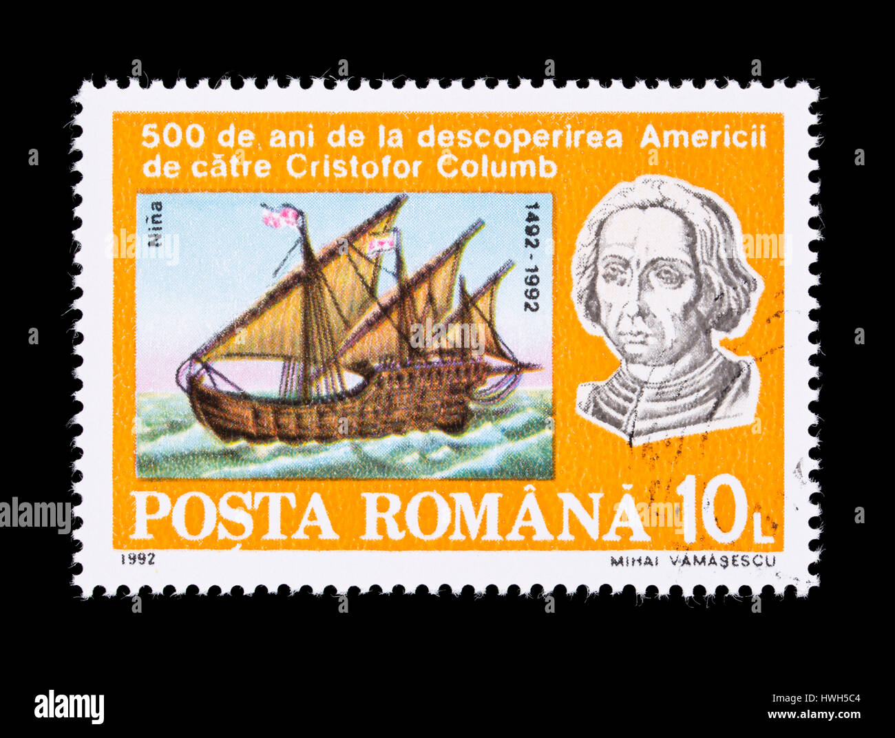 Francobollo dalla Romania raffiguranti cristoforo colombo e la sua nave Nina, 500-esimo anniversario della scoperta delle americhe Foto Stock