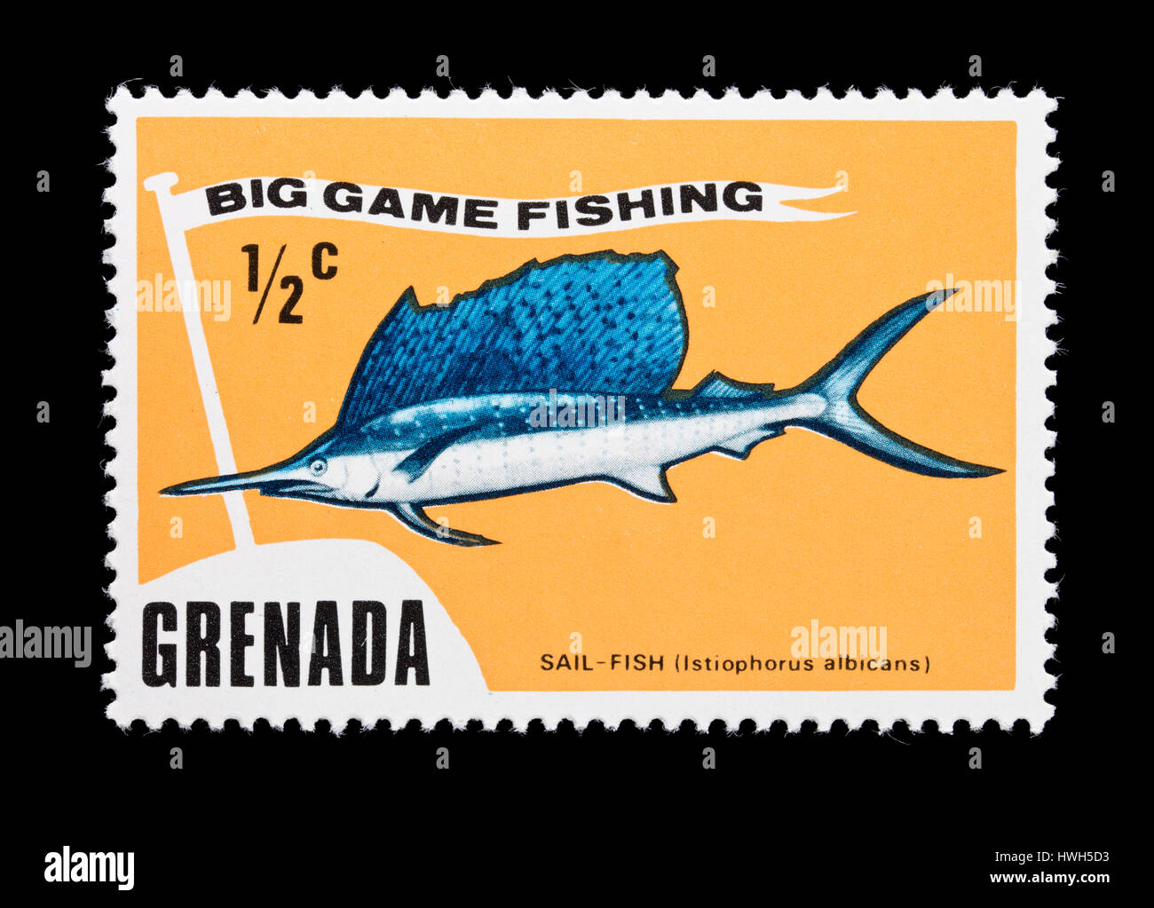 Francobollo da Grenada raffigurante un sailfish (Istiophorus albicans) e pesca sportiva. Foto Stock