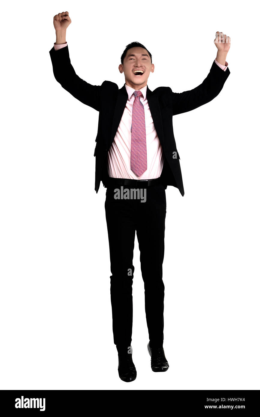 Asian business man mano sollevare isolate su sfondo bianco Foto Stock