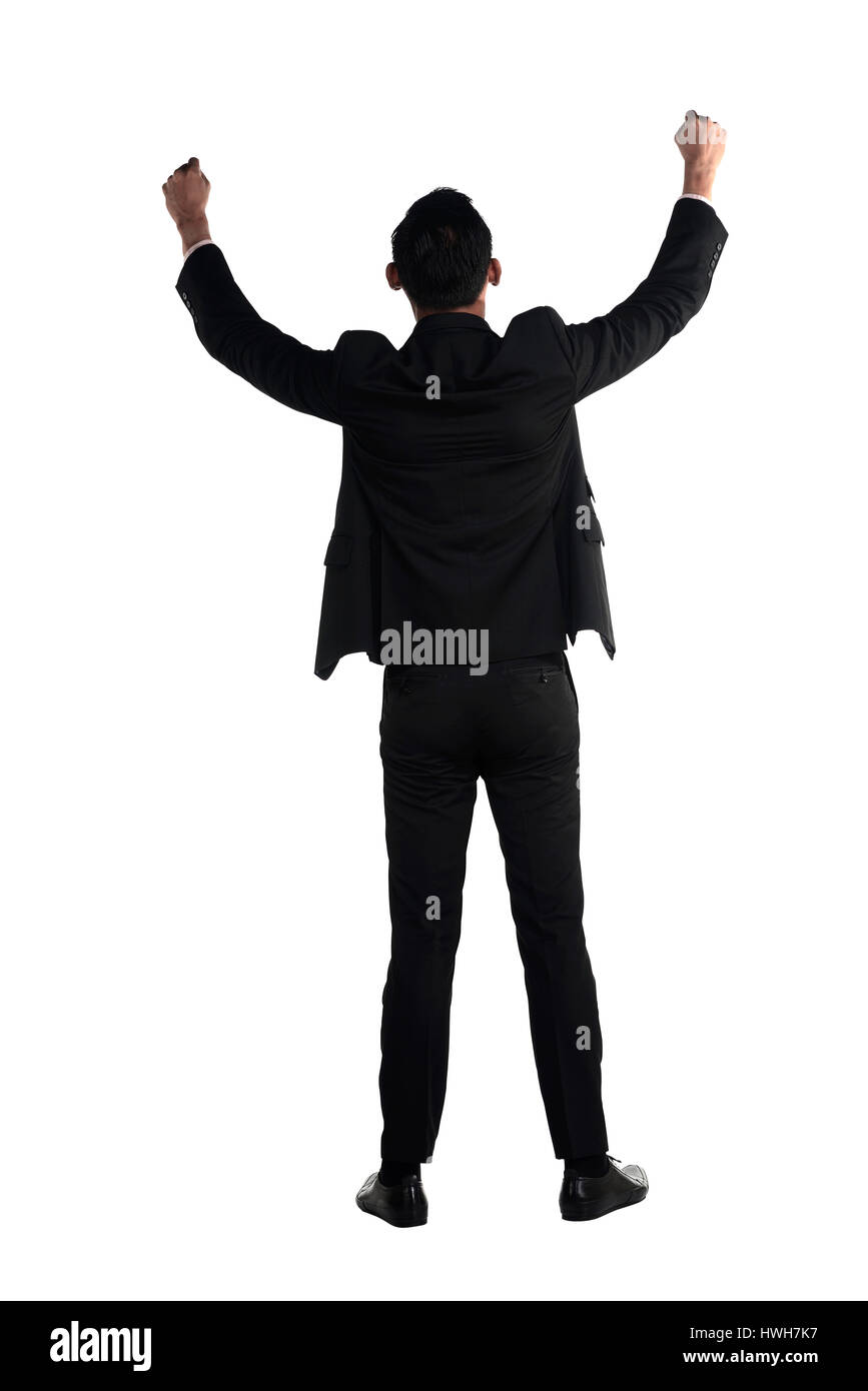 Backview di asian business man mano sollevare isolate su sfondo bianco Foto Stock