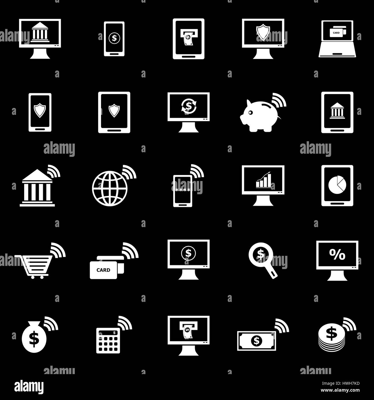 Online banking icone su sfondo nero, vettore di stock Illustrazione Vettoriale