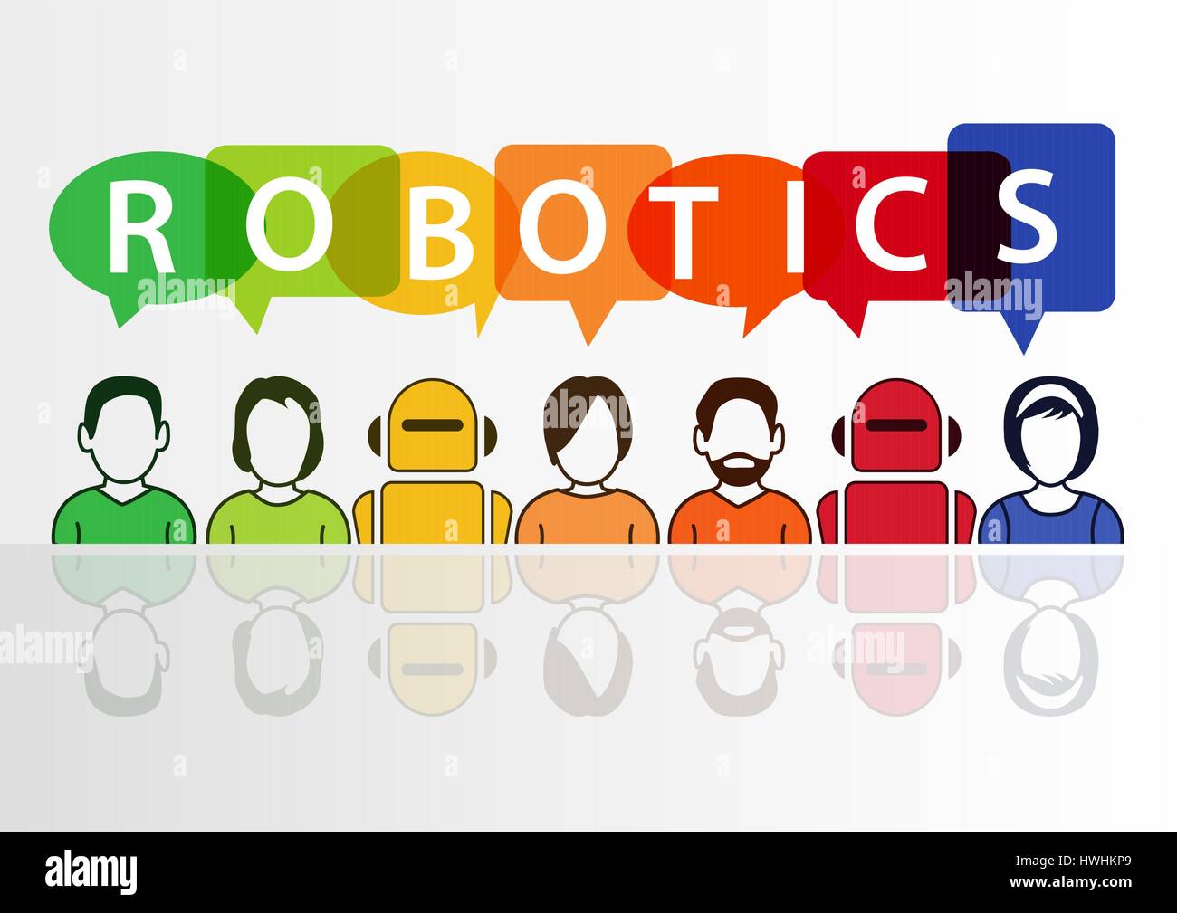 Robotics e concetto di robot con il testo su sfondo bianco Illustrazione Vettoriale
