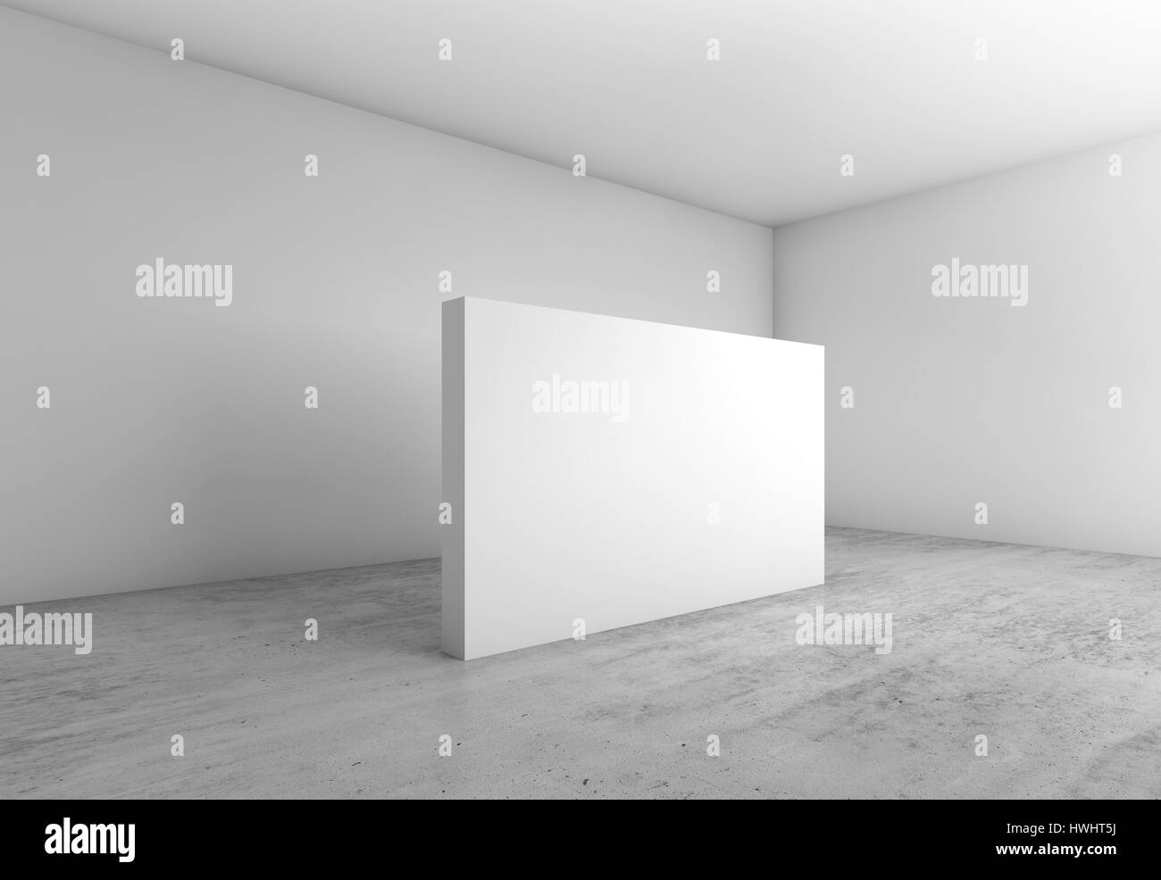 Abstract vuoto interno bianco sfondo, intestazione vuota parete sul pavimento di cemento, architettura contemporanea design. 3d illustrazione Foto Stock