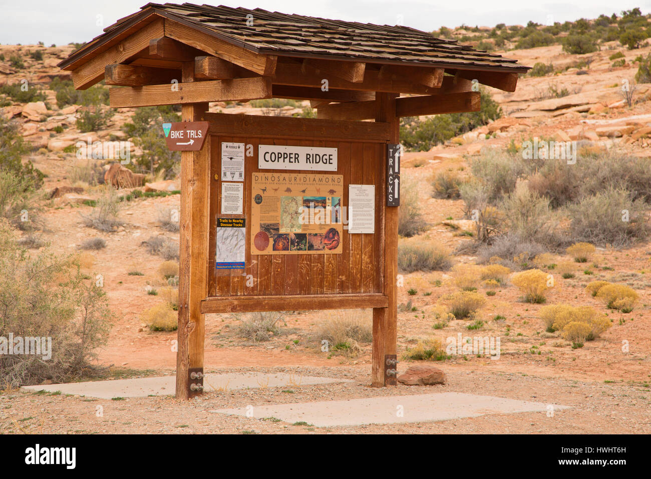 Sentiero information board, rame Ridge Sauropod tracce di dinosauri, Grand County, Utah Foto Stock