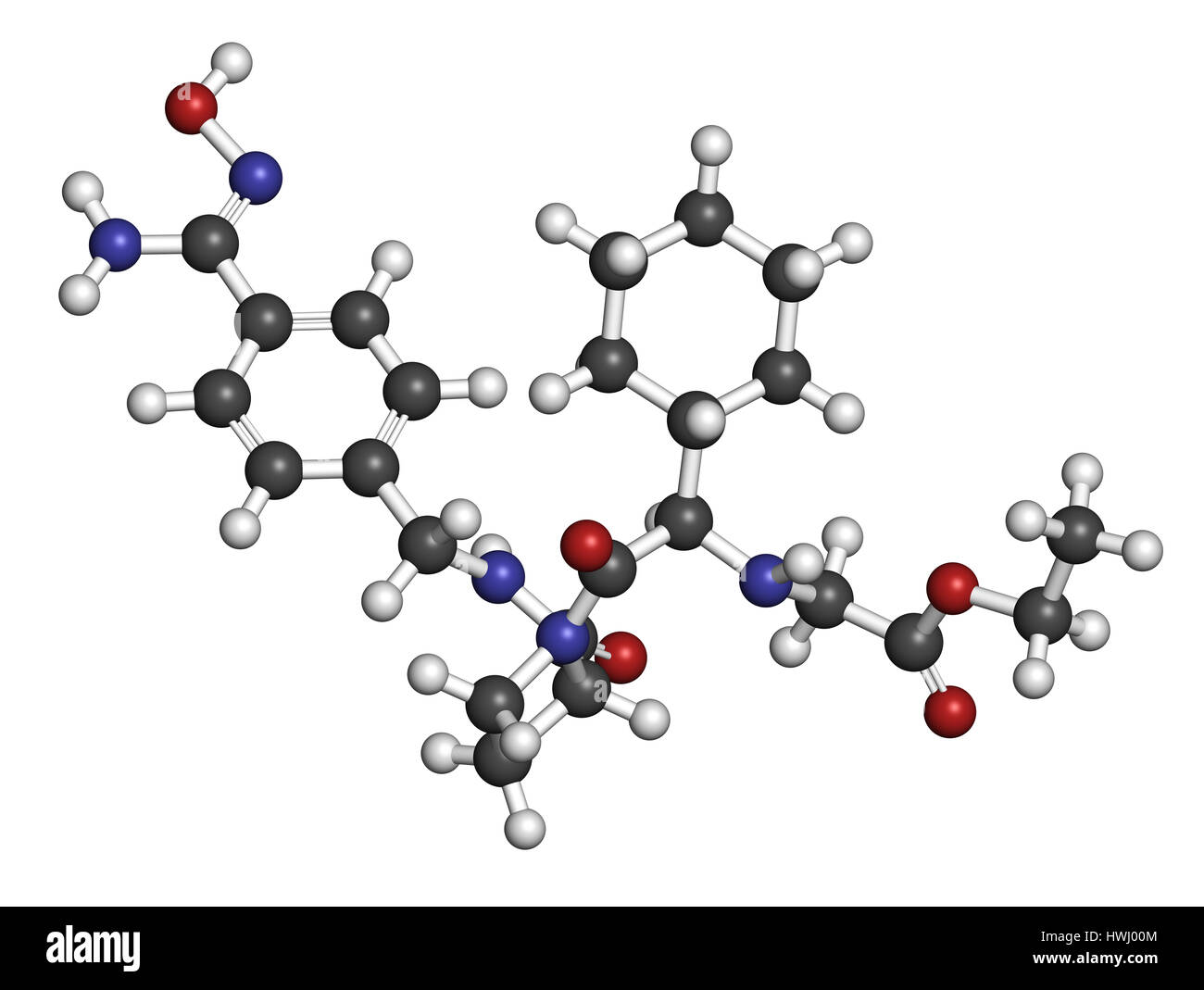 Ximelagatran farmaco anticoagulante molecola (diretto inibitore della trombina). Il rendering 3D. Gli atomi sono rappresentati come sfere con i tradizionali colori: h Foto Stock