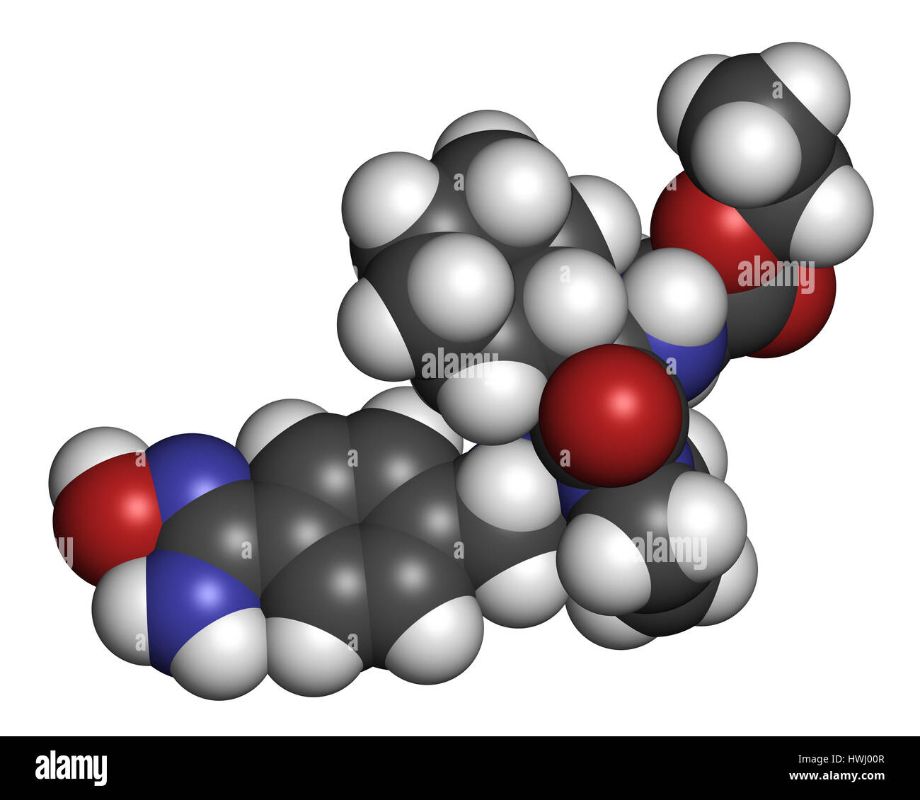 Ximelagatran farmaco anticoagulante molecola (diretto inibitore della trombina). Il rendering 3D. Gli atomi sono rappresentati come sfere con i tradizionali colori: h Foto Stock