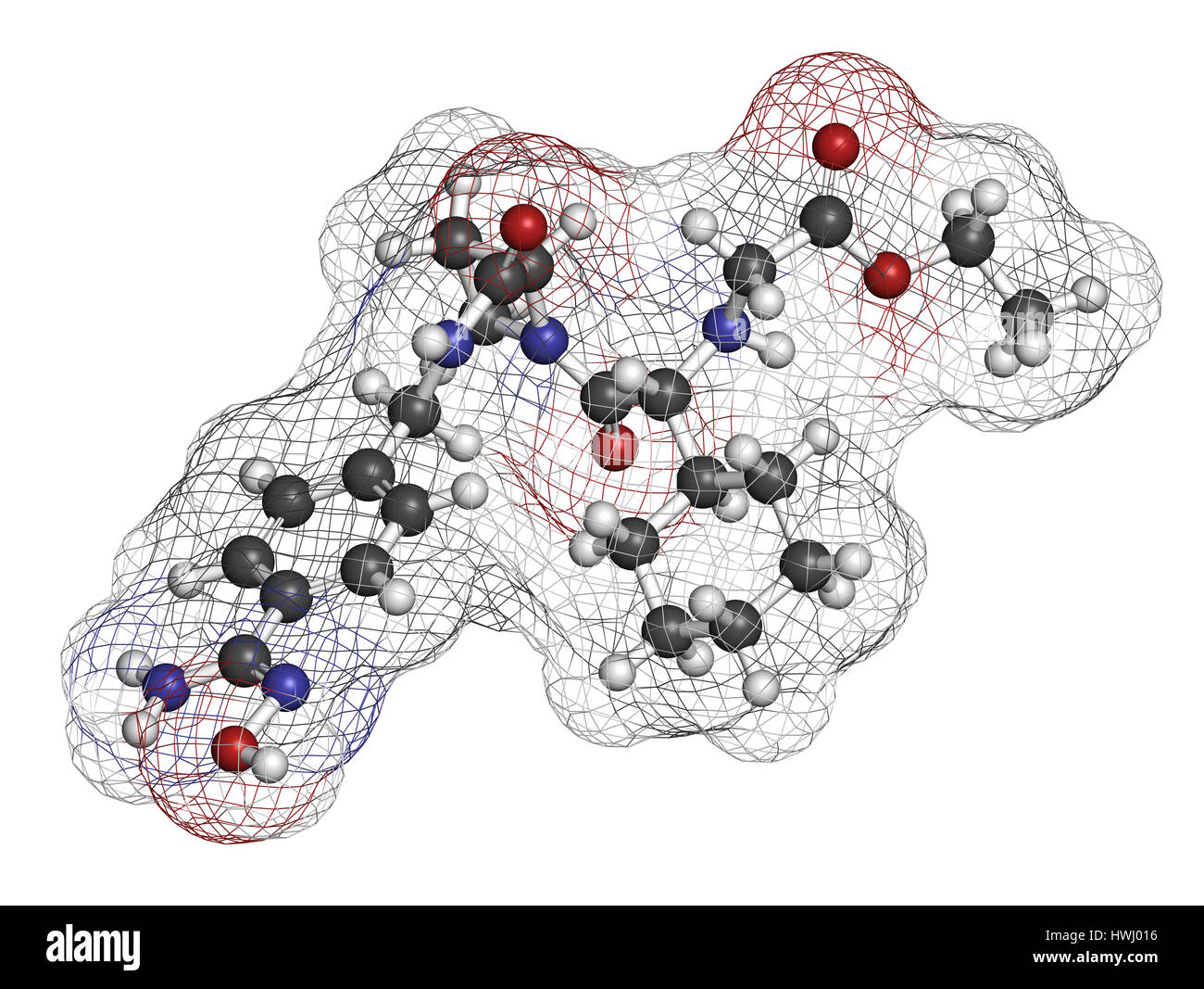 Ximelagatran farmaco anticoagulante molecola (diretto inibitore della trombina). Il rendering 3D. Gli atomi sono rappresentati come sfere con i tradizionali colori: h Foto Stock