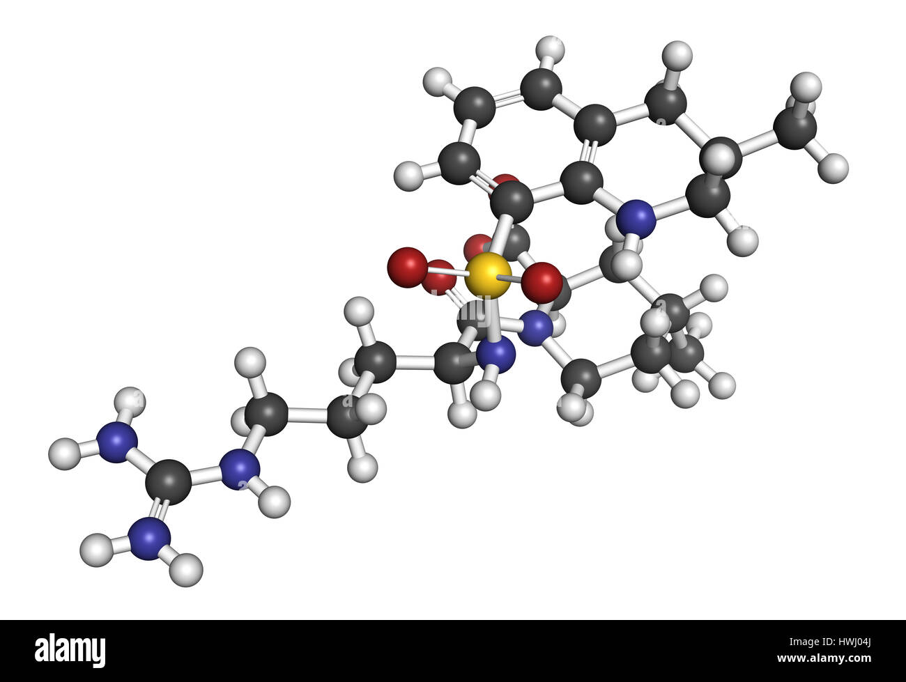 Argatroban farmaco anticoagulante molecola (diretto inibitore della trombina). Il rendering 3D. Gli atomi sono rappresentati come sfere con i tradizionali colori: hyd Foto Stock
