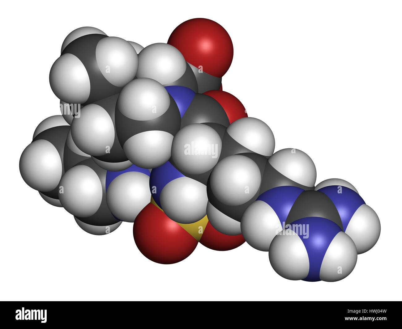 Argatroban farmaco anticoagulante molecola (diretto inibitore della trombina). Il rendering 3D. Gli atomi sono rappresentati come sfere con i tradizionali colori: hyd Foto Stock