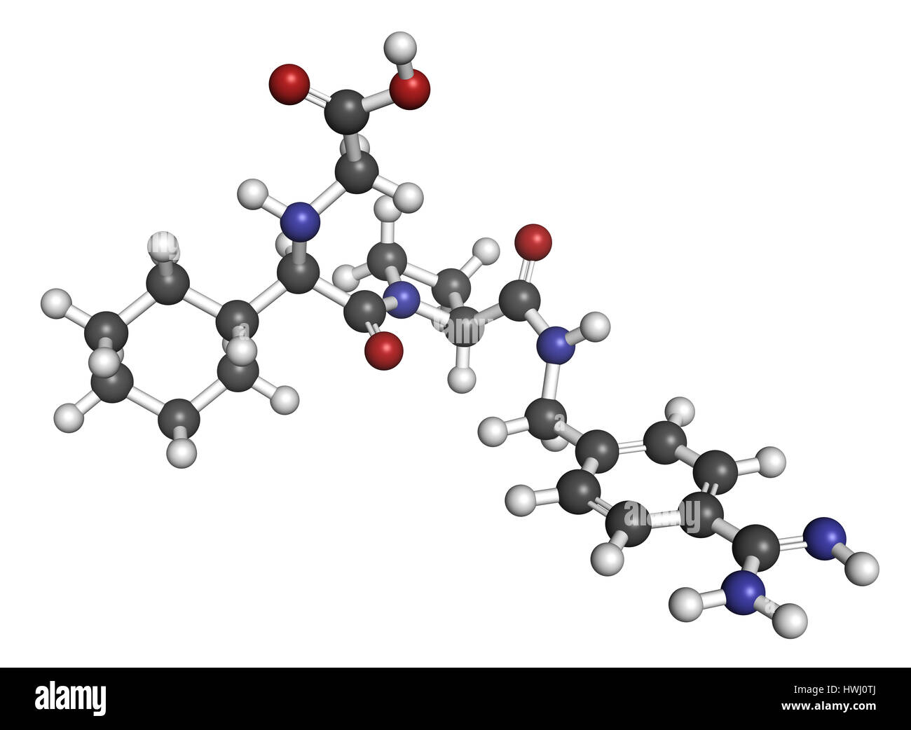 Melagatran farmaco anticoagulante molecola (diretto inibitore della trombina). Il rendering 3D. Gli atomi sono rappresentati come sfere con i tradizionali colori: hyd Foto Stock