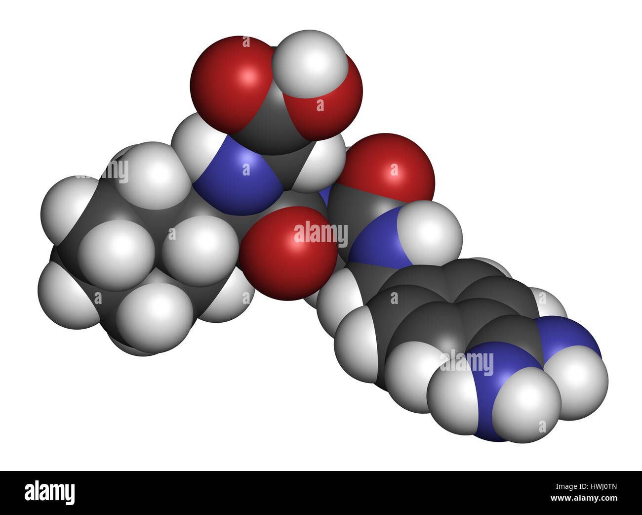 Melagatran farmaco anticoagulante molecola (diretto inibitore della trombina). Il rendering 3D. Gli atomi sono rappresentati come sfere con i tradizionali colori: hyd Foto Stock