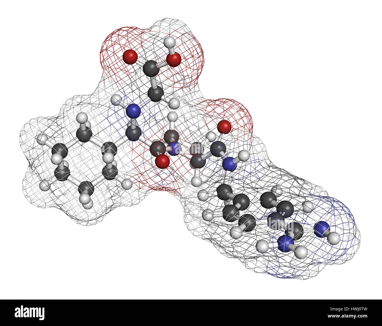 Melagatran farmaco anticoagulante molecola (diretto inibitore della trombina). Il rendering 3D. Gli atomi sono rappresentati come sfere con i tradizionali colori: hyd Foto Stock