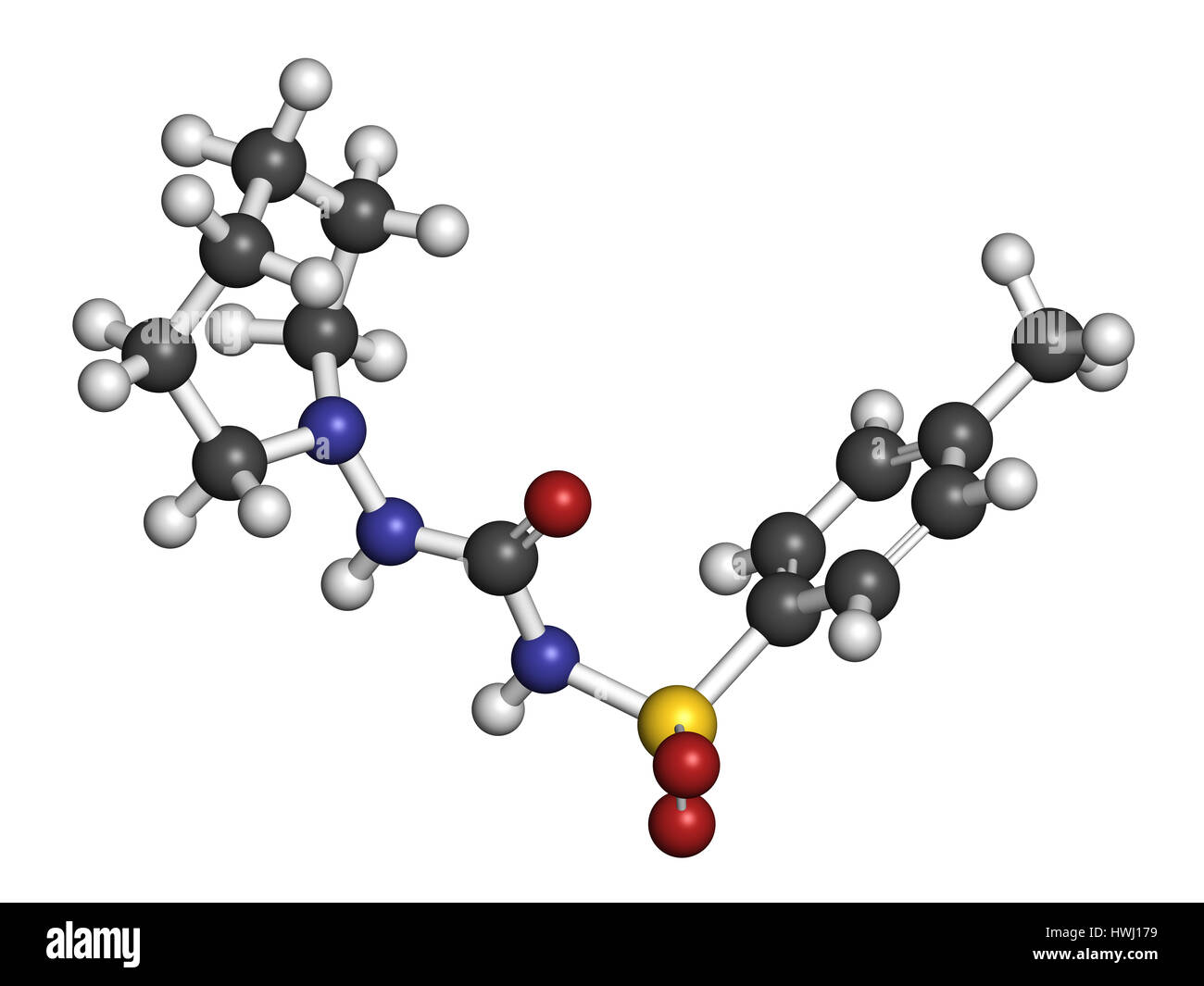 Diabete Tolazamide molecola di farmaco. Il rendering 3D. Gli atomi sono rappresentati come sfere con i tradizionali colori: idrogeno (bianco), carbonio (grigio), nit Foto Stock