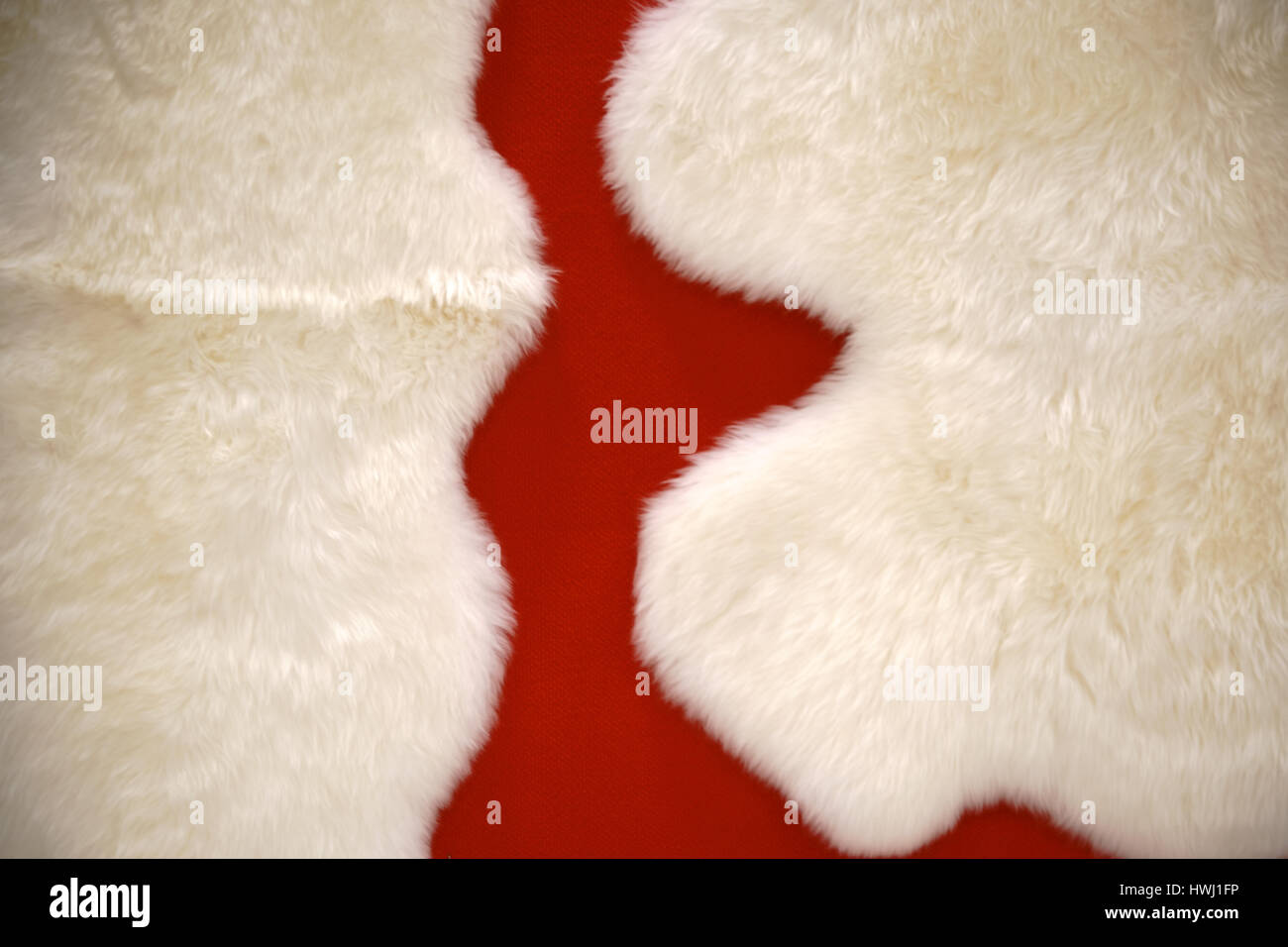 Close-up del tessuto bianco fluffies di un posto letto tappeto fatto di pelo di animali. Foto Stock