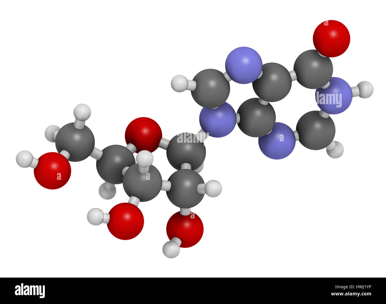 Nucleoside inosina molecola. Il rendering 3D. Trovato nel tRNA. Utilizzato come fitness supplemento nutrizionale. Gli atomi sono rappresentati come sfere con convenzionali Foto Stock