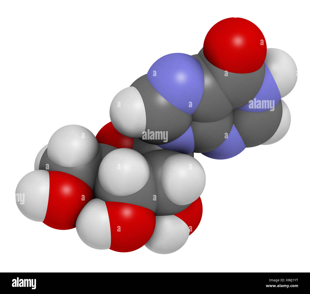 Nucleoside inosina molecola. Il rendering 3D. Trovato nel tRNA. Utilizzato come fitness supplemento nutrizionale. Gli atomi sono rappresentati come sfere con convenzionali Foto Stock