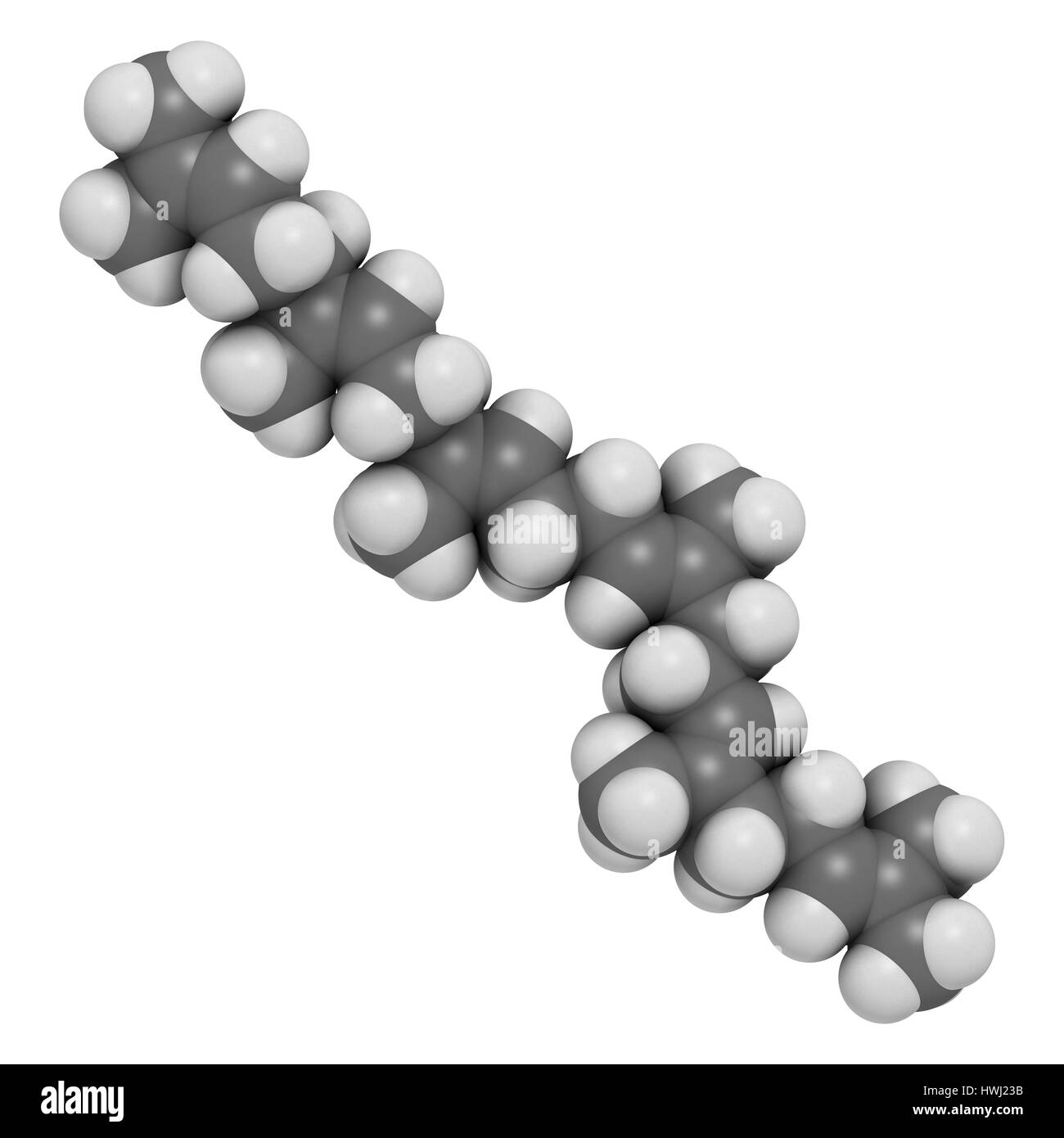 Lo squalene naturale molecola di idrocarburo. Il rendering 3D. Trovato in olio di fegato di squalo e numero di fonti vegetali. Gli atomi sono rappresentati come sfere con conv Foto Stock