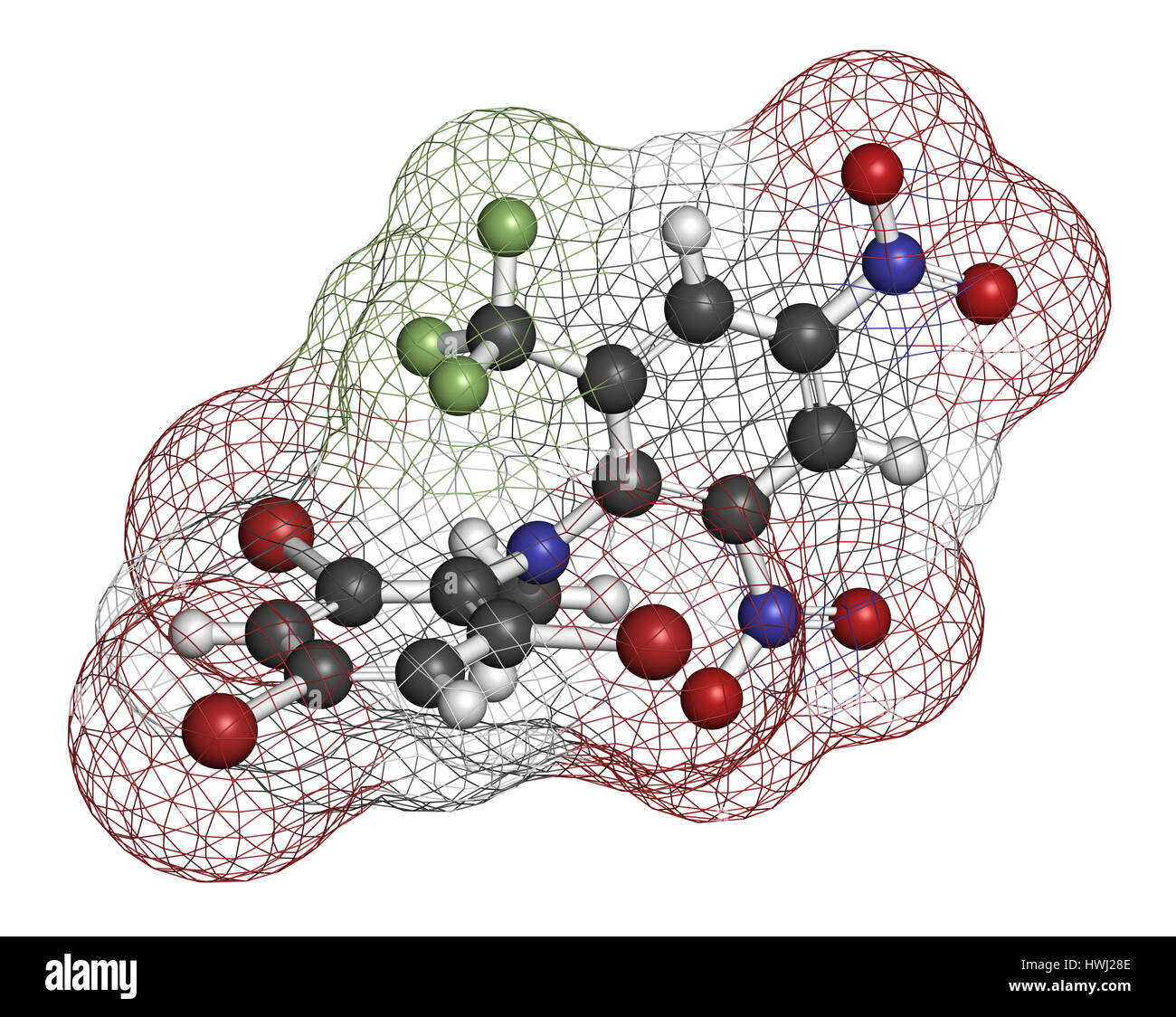 Rodenticida Bromethalin molecola (ratticidi). Il rendering 3D. Gli atomi sono rappresentati come sfere con i tradizionali colori: idrogeno (bianco), carbonio Foto Stock