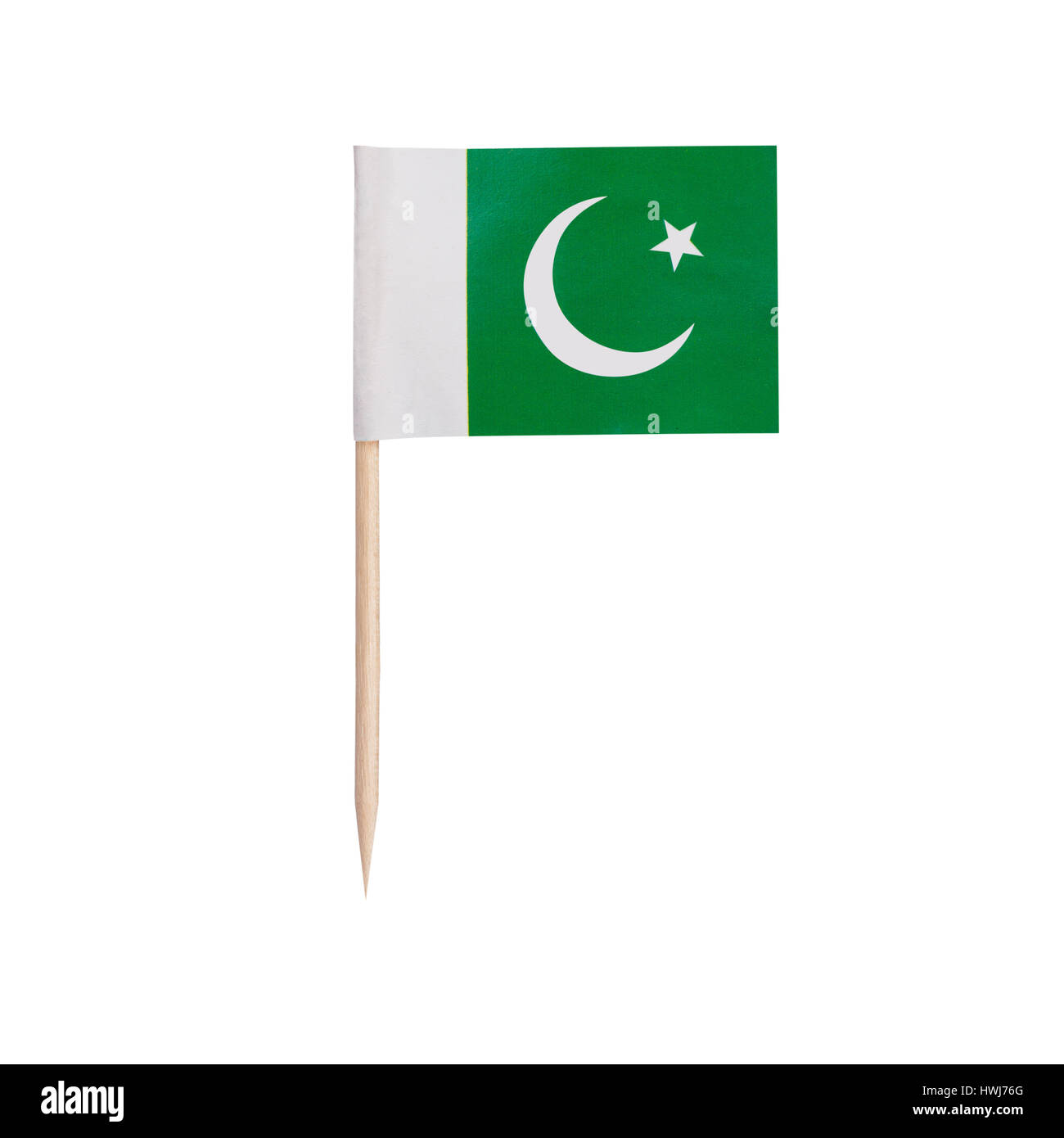 Bandiera in miniatura del Pakistan. Carta di formato ridotto stuzzicadenti bandiera pakistana . Isolato su sfondo bianco Foto Stock