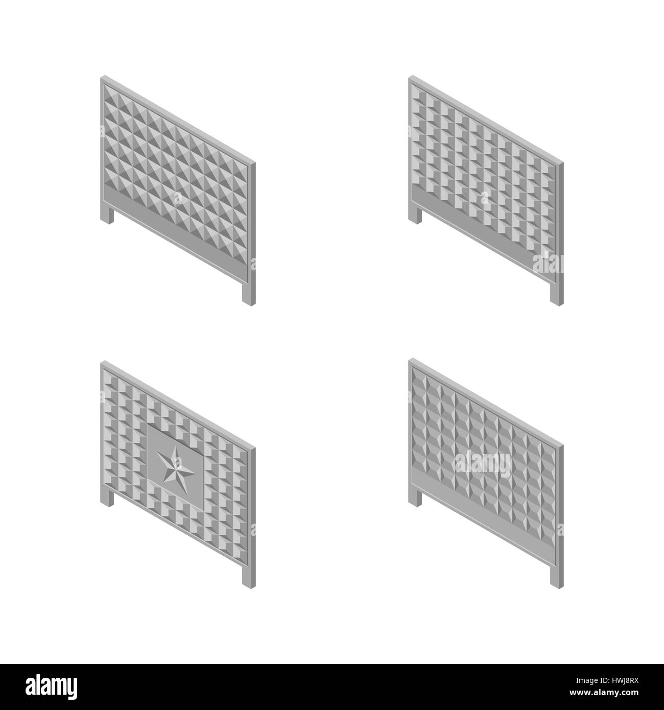 Una serie di tratte isometrica recinzione in calcestruzzo di varie forme. Isolato su sfondo bianco. Elementi di edifici e di progettazione paesaggistica, vettore illustrati Illustrazione Vettoriale