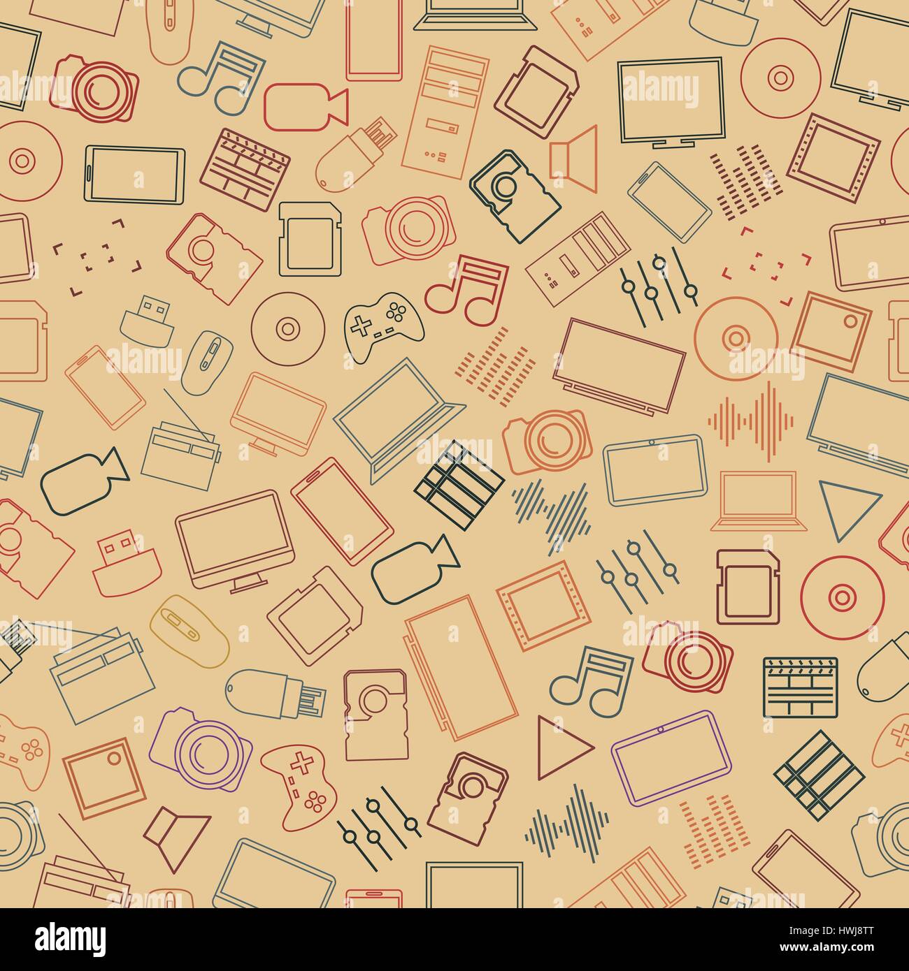 Sfondo senza soluzione di continuità da un insieme di dispositivi digitali e accessori per computer da linee sottili, illustrazione vettoriale. Illustrazione Vettoriale