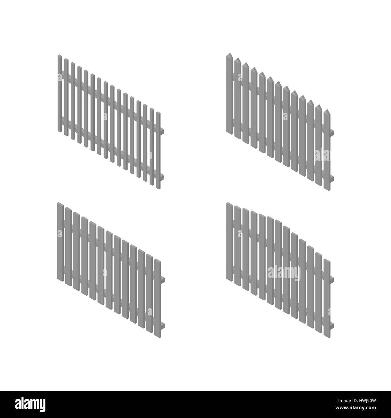 Una serie di tratte isometrica staccionata in legno di varie forme. Isolato su sfondo bianco. Elementi di edifici e landscape design, illustrazione vettoriale Illustrazione Vettoriale