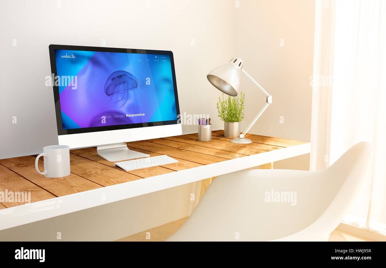 3d generati workspace minimalista con prenotazione sullo schermo del computer computer e copyspace. 3d illustrazione. Tutti i grafici dello schermo sono costituiti. Foto Stock