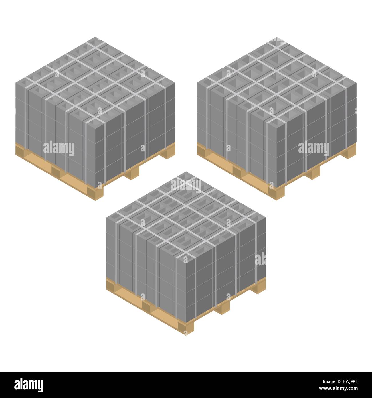 I pallet in legno con vari blocchi di calcestruzzo di scorie, isolato su sfondo bianco. Materiali da costruzione gli elementi di design. Appartamento 3D isometrica stile, vector illustrat Illustrazione Vettoriale