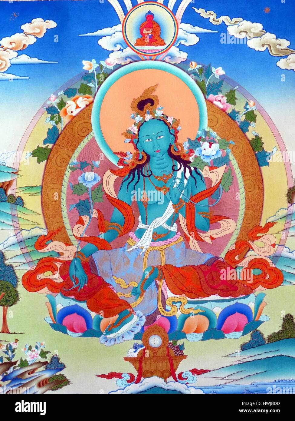 Buddista tibetano dipinto o thangka, un importante tradizionale strumento meditational raffigurante il Buddha Foto Stock