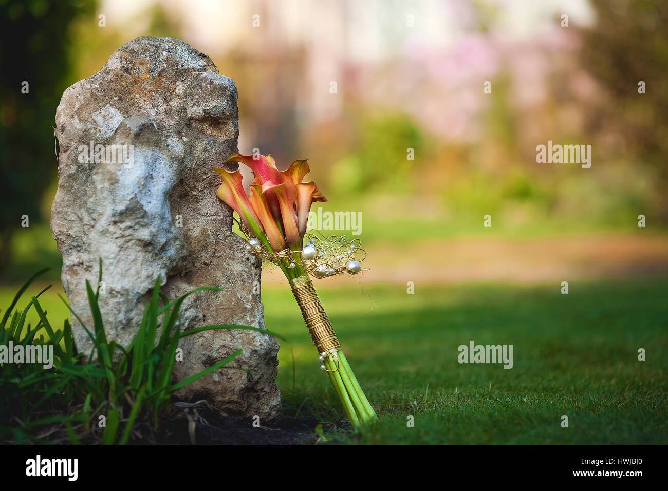 Bouquet calla lilies vicino big stone su sfondo natura Foto Stock