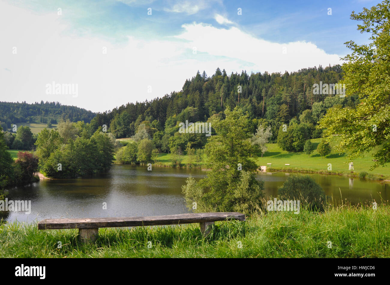 Diebach stagno, Diebach, Fichtenberg, Swabian-Franconian foresta, Hohenlohe regione, Schwaebisch Hall, Baden-Wuerttemberg, Heilbronn-Franconia, Germania Foto Stock