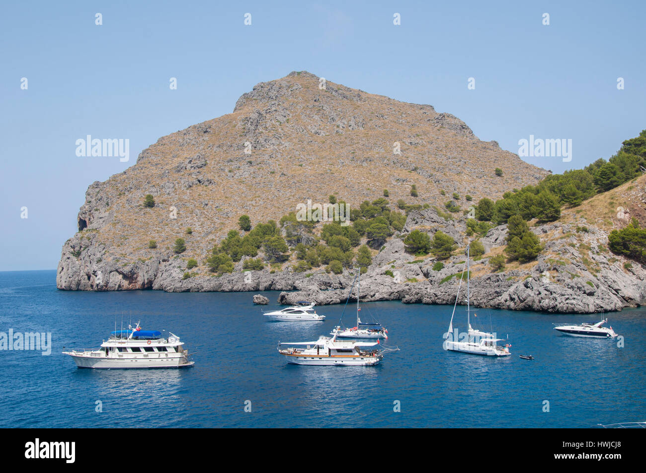 Baia di Sa Calobra, Torrent de Pareis, Escorca, Sa Calobra, Serra de Tramuntana, isole Baleari, Mallorca, Mare mediterraneo, Spagna Foto Stock