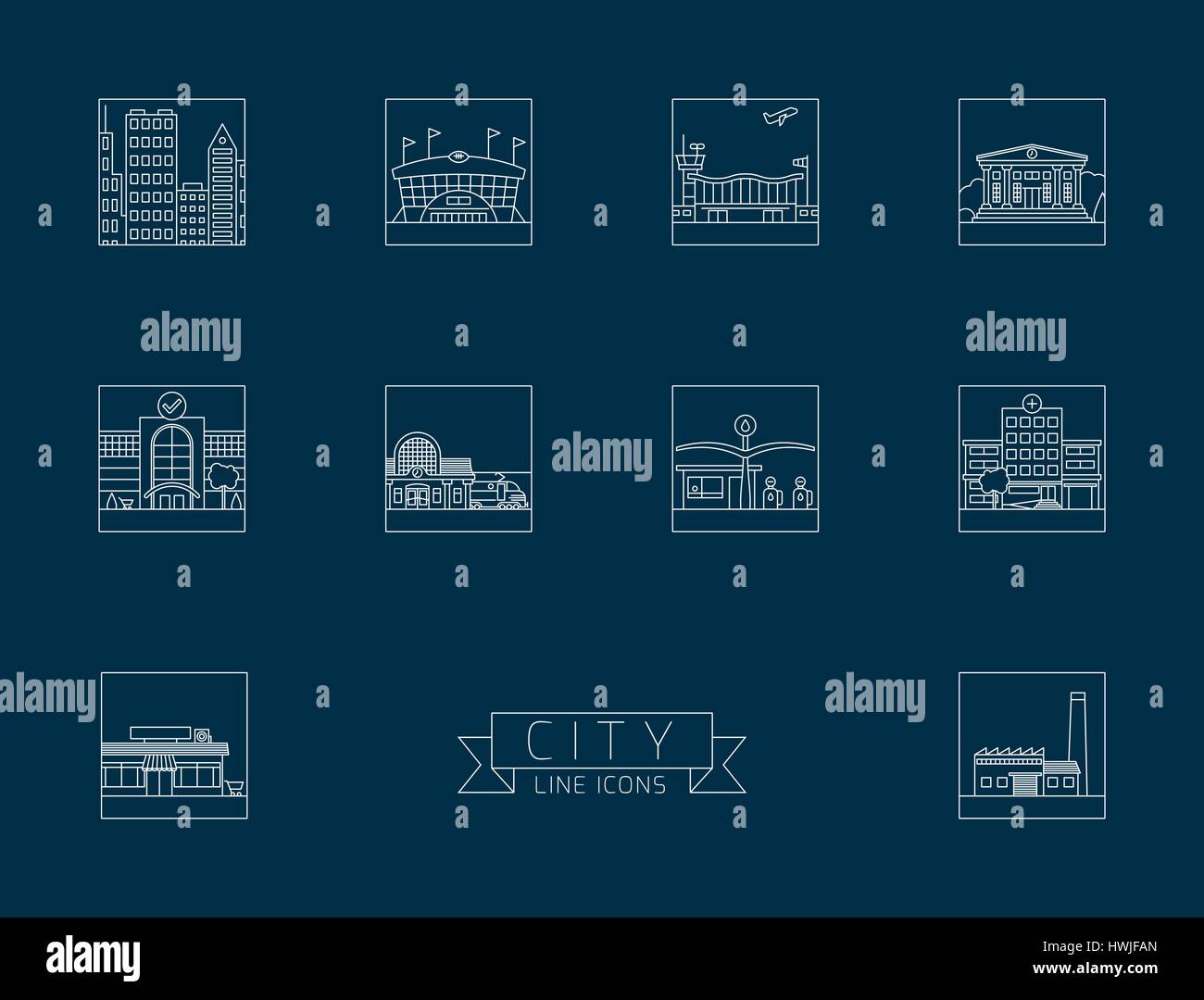Varietà di edifici urbani e strutture square line icone. Modello di stile. Illustrazione Vettoriale