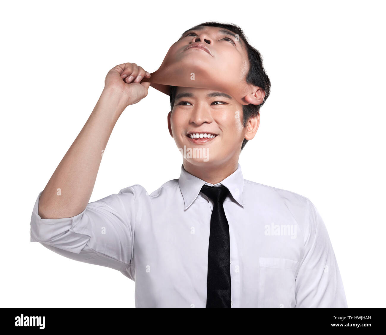 Asian business man rimuovere altri suoi maschera facciale. Cambiare umore concept Foto Stock