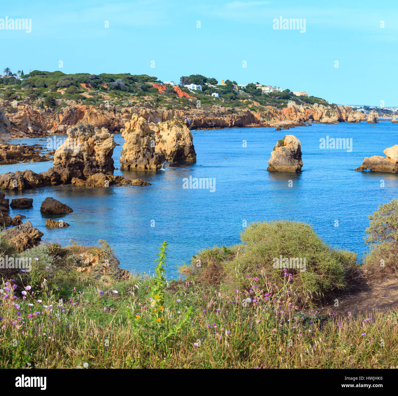 Estate costa atlantica paesaggio con formazioni di roccia vicino alla spiaggia Praia dos, Arrifes Albufeira Algarve. Foto Stock