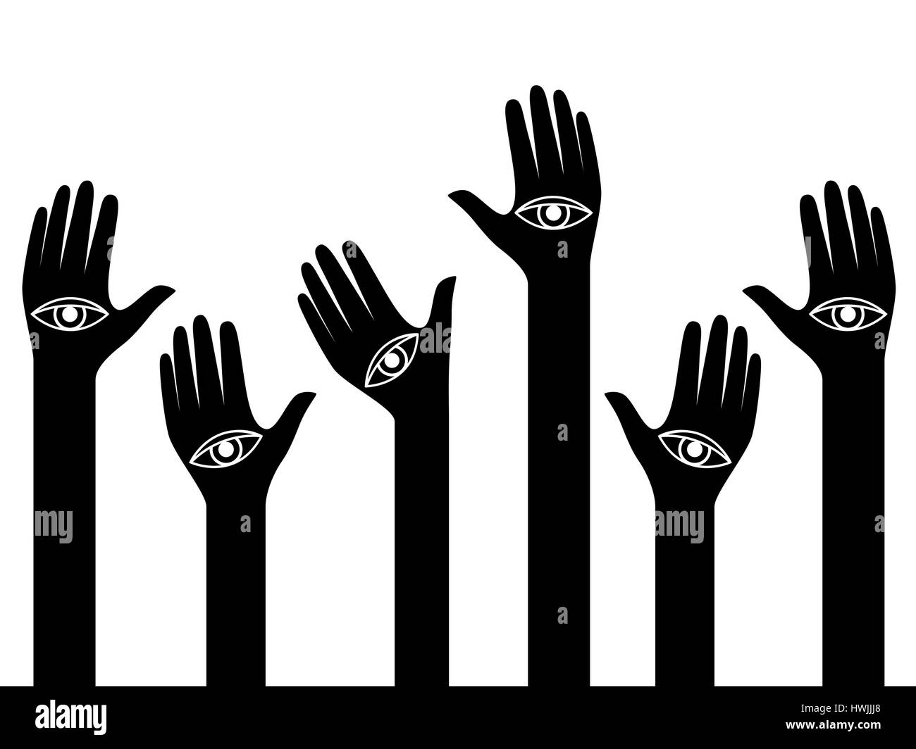 Le mani umane con gli occhi sul palmo sollevato, concettuale bianca e illustrazione vettoriale Illustrazione Vettoriale