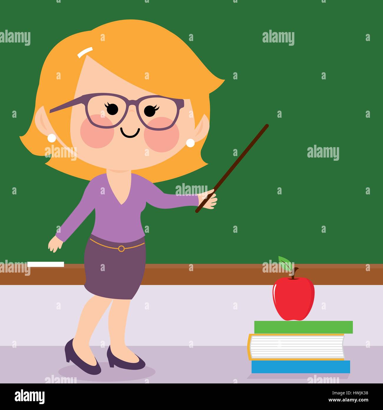 Insegnante che insegna lezione in classe. Corso scolastico con insegnante donna davanti alla lavagna. Illustrazione vettoriale Illustrazione Vettoriale