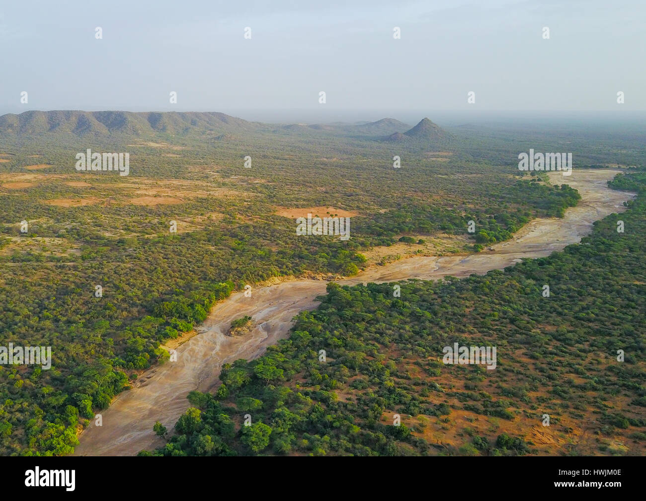 Vista aerea di un fiume a secco in Hamer territorio della tribù, Valle dell'Omo, Turmi, Etiopia Foto Stock