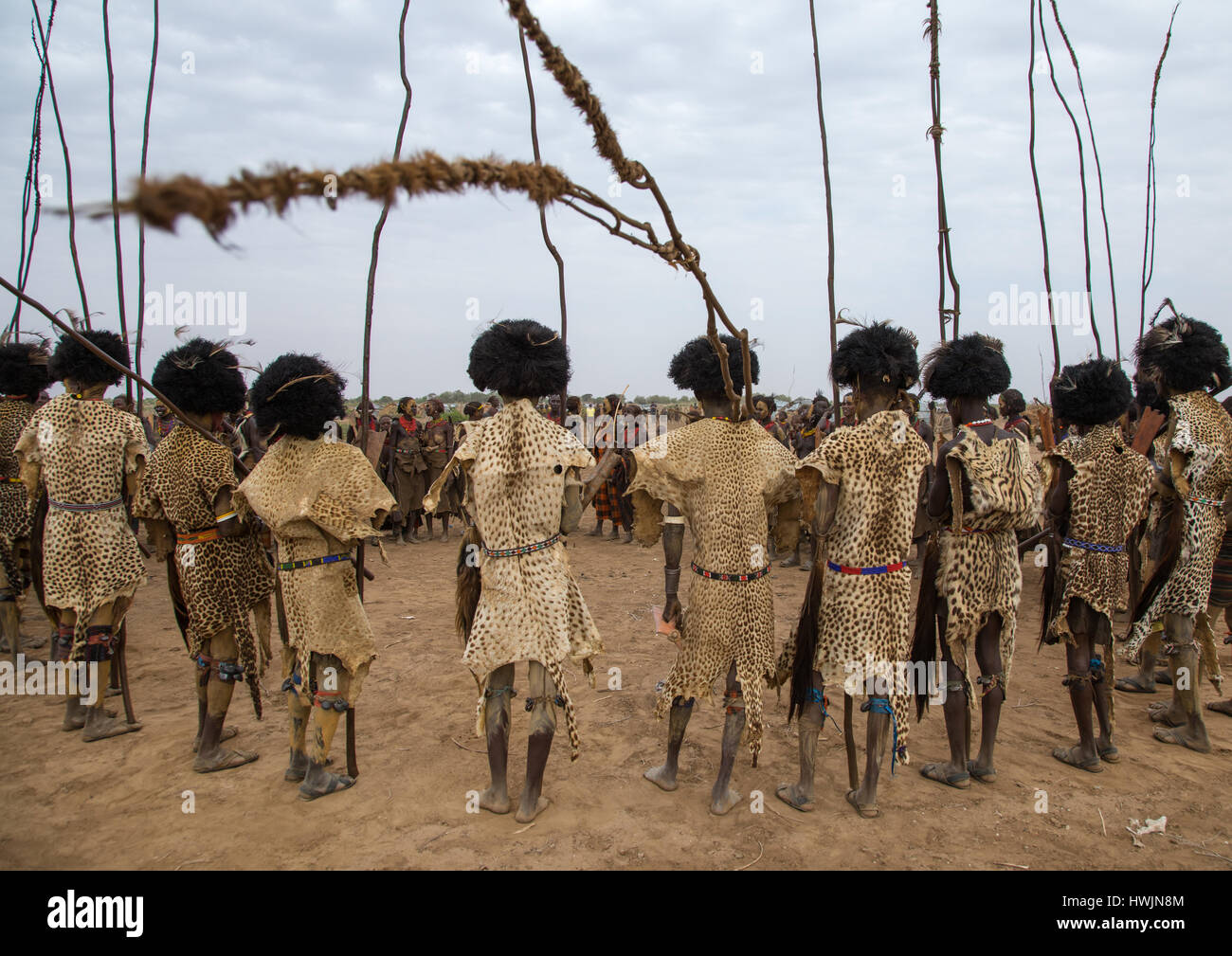 Dimi cerimonia nella tribù Dassanech per celebrare la circoncisione di adolescenti, Valle dell'Omo, Omorate, Etiopia Foto Stock