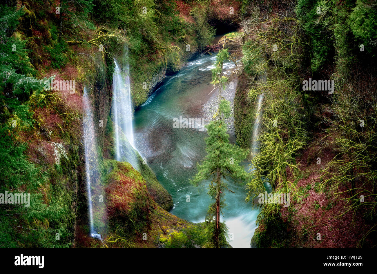 Cascate stagionali (senza nome) in Eagle Creek. Columbia River Gorge National Scenic Area, Oregon Foto Stock