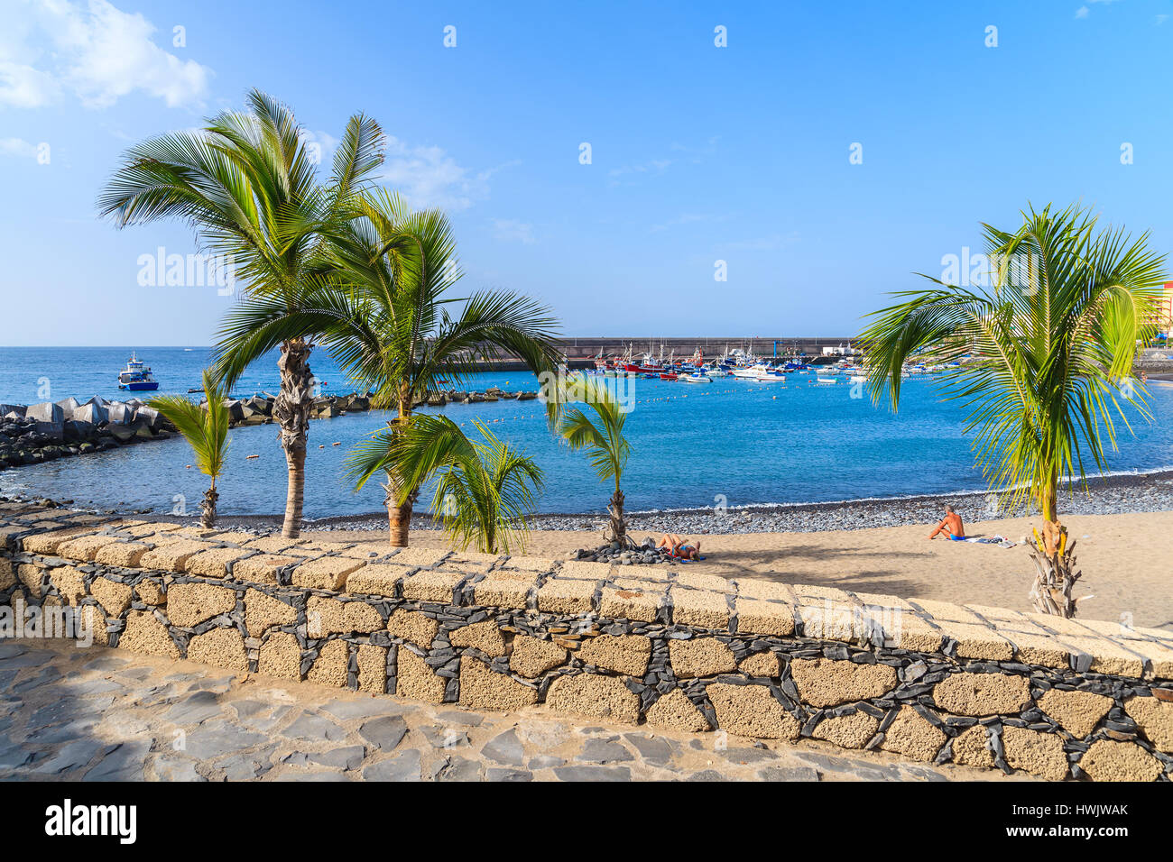 Le palme sulla spiaggia di San Juan porta sull'isola di Tenerife, Spagna Foto Stock