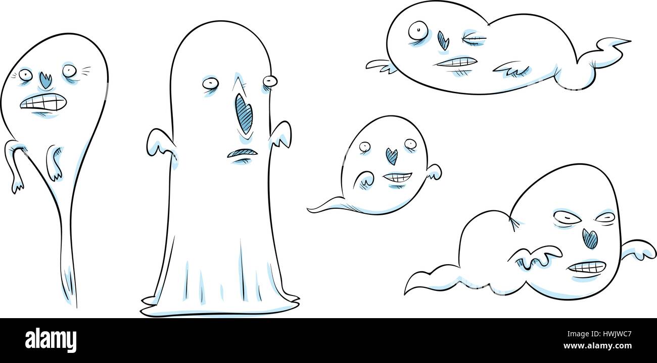 Un set di cinque cartoon fantasmi. Illustrazione Vettoriale