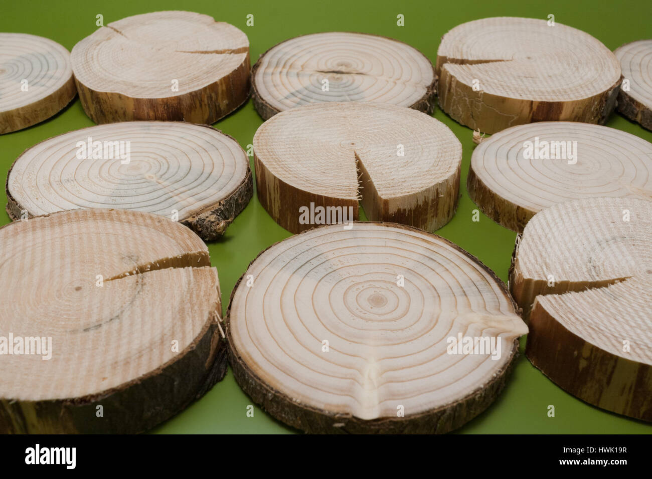 Abete e pino che ha visto i tagli di diverso spessore vengono miscelati formando pattern su sfondo verde. Foto Stock