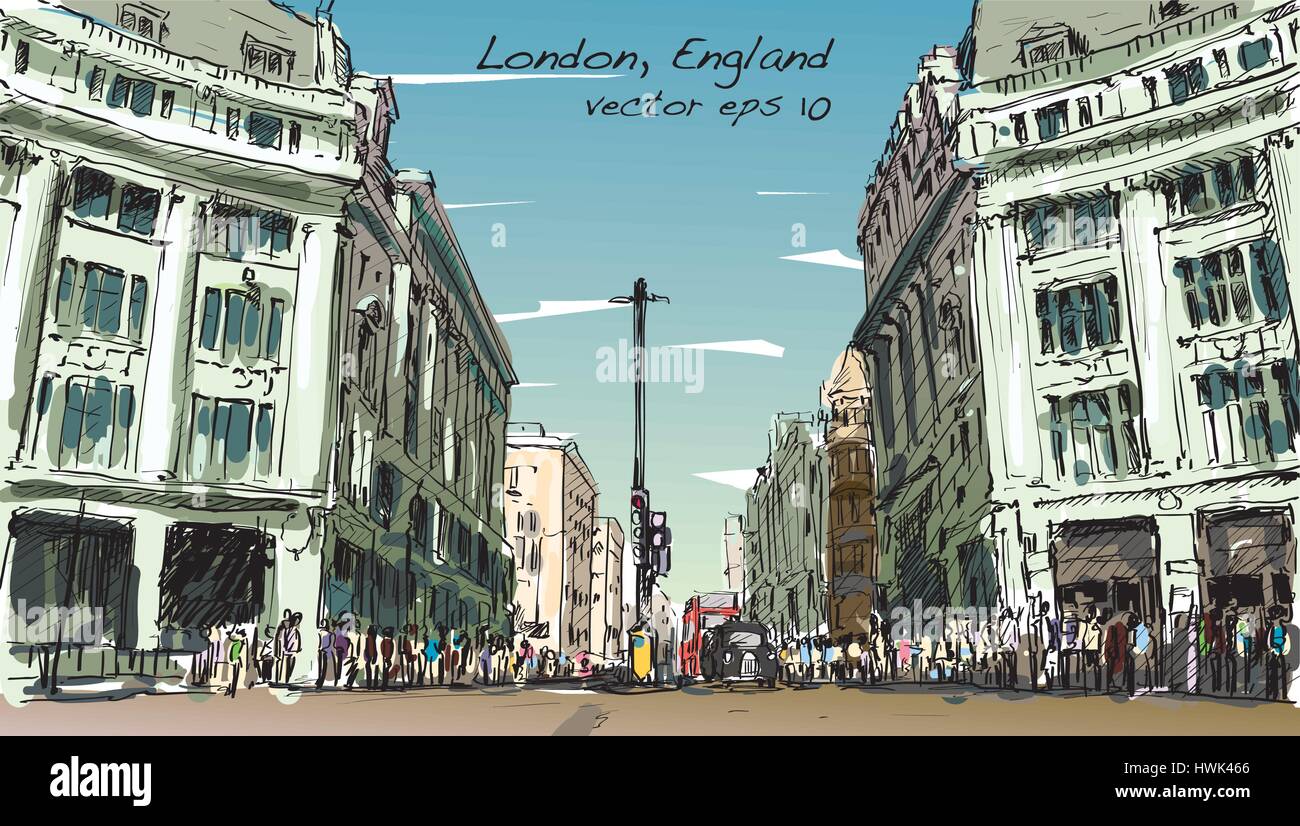 Schizzo cityscape di Londra, Inghilterra, mostrano i popoli a piedi street e il centro shopping, illustrazione vettore Illustrazione Vettoriale